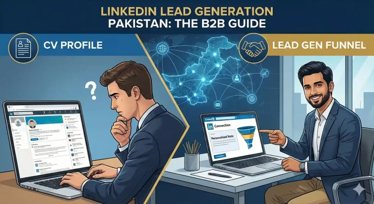 Illustration showing a Pakistani professional using LinkedIn on a laptop to connect with business owners, featuring icons of connection requests, messages, and a sales funnel.