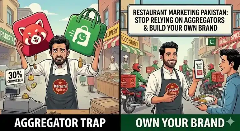 Illustration showing a Pakistani restaurant owner breaking free from high-commission delivery apps by using their own direct ordering website and engaging customers through local digital marketing.