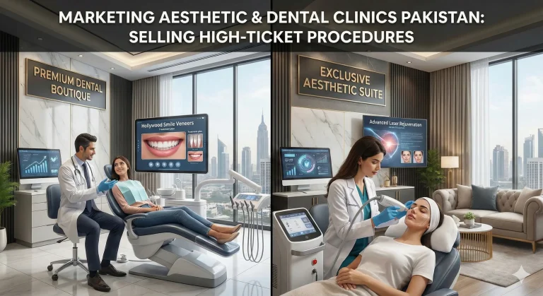 A split-screen illustration of a luxury Pakistani clinic. One side shows a cosmetic dentist consulting a patient for veneers, the other shows an aesthetic doctor performing a laser treatment. Digital screens display high-ticket offer graphics.