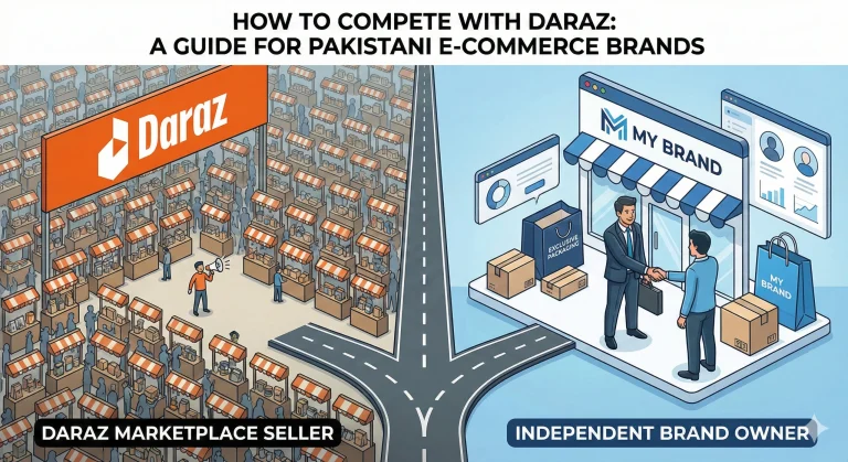 Illustration showing a split path for a Pakistani e-commerce seller: one path leads to a crowded Daraz marketplace, the other leads to their own branded online store with loyal customers.